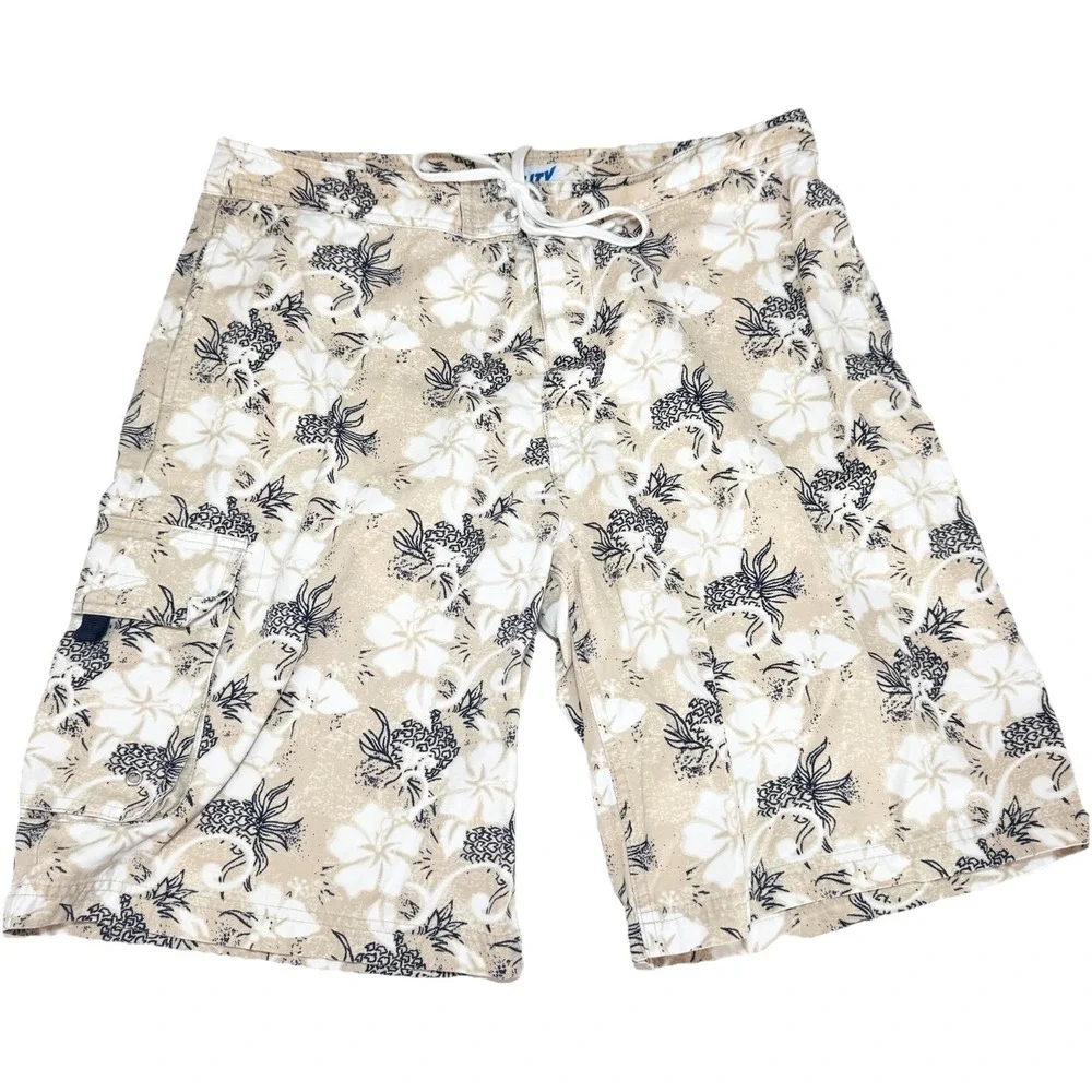 Mens Y2K Hawaiian Print Relaxed Cargo Shorts 36 Surfer Skater Floral Preppy Tiki